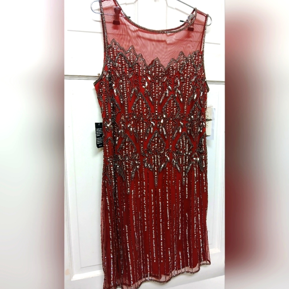 Prelude Elegant Cranberry Red Beaded Rayon Knee High Dress Size 16 New With Tags